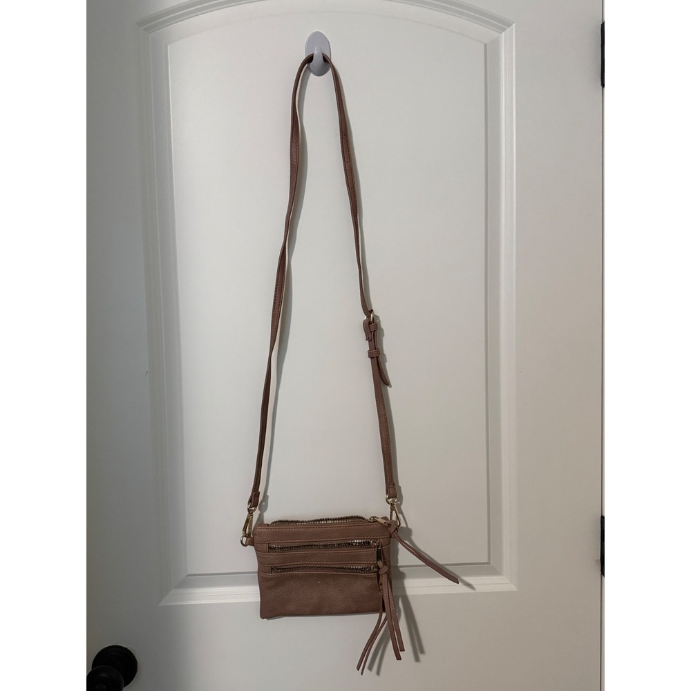 Mauve Taupe Pebbled Faux Leather Crossbody Bag with Leopard Lining - Picture 2 of 12